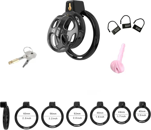 Vista 2 de Soft Rubber Male Chastity Cage, with 6 Size Rings, Invisible Lock Man Penis Exercise Bondage Gear & Accessories Lightweight Adult Sex Toys (Black, S)