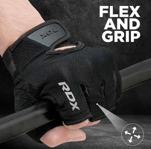 Vista 8 de Guantes de levantamiento de pesas RDX para gimnasio, fitness y entrenamiento, protección antideslizante de la palma, medio dedo, guantes