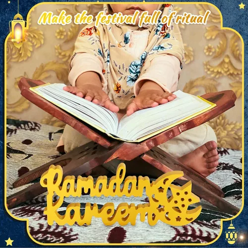 Vista 3 de Queekay Ramadan Kareem Decoraciones para el hogar, Ramadán Kareem decoración de mesa 9.84 x 3.74 pulgadas, letrero Mubarak de madera, centro