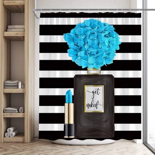 Vista 3 de Cortina de ducha negra con diseño de flores para niña, mujer, pintalabios, encantadora decoración de baño, juego de baño con gancho, 36 pulgadas