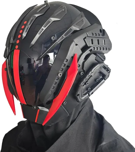 Vista 5 de KYEDAY Máscara punk cosplay para hombres, máscaras samuráis de cosplay, regalos para fiesta de Halloween, accesorios de festival de música