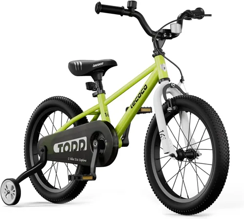Vista 8 de lecoco Bicicleta infantil para niños y niñas, bicicleta infantil de 14, 16, 18 pulgadas, con ruedas de entrenamiento, frenos de pedal, freno de mano