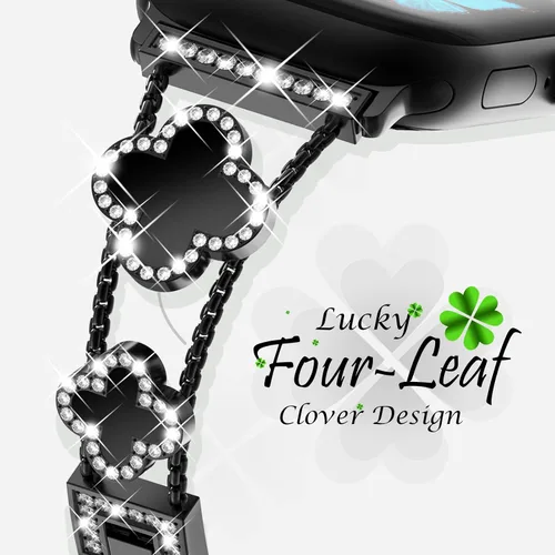 Vista 3 de KADES Bling Four-Leaf Clover Band for Apple Watch Bands Women's Wear Negro/Negro