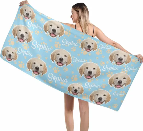 Vista 8 de MyPupSocks Toallas de playa personalizadas para niños y adultos, toalla de piscina con nombre y cara de perro, regalos personalizados con nombre