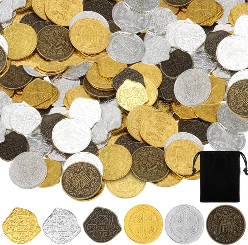 Vista 8 de Hanaive 100 Piezas Monedas de Pirata de Metal Cofre del Tesoro Doblón Español Monedas Falsas Fichas para Niños Juegos de Mesa Fiesta Pirata Cosplay