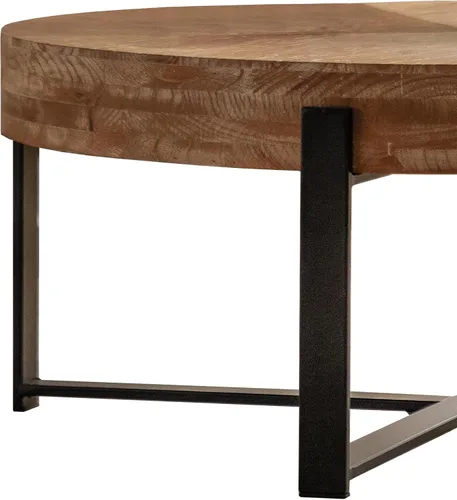 Vista 9 de Knocbel Mesa de centro redonda moderna de diseño simple con parte superior de mesa empalmada de grano de madera y base de patas cruzadas de metal
