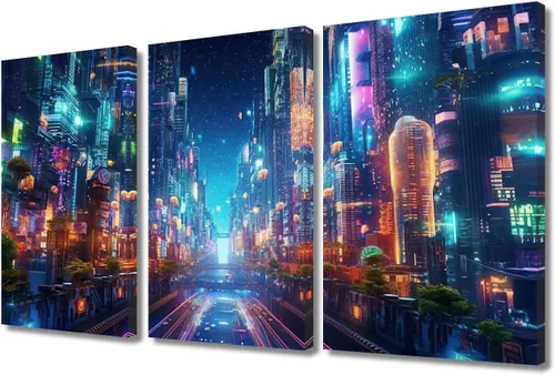 Vista 46 de Lienzo decorativo para pared de sala de estar, lienzo Cyberpunk, decoración de pared de 3 paneles, decoración de pared para el hogar, dormitorio