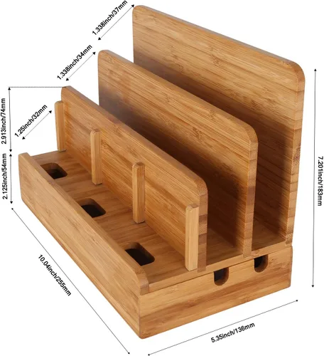 Vista 6 de Estación de carga de escritorio multidispositivo de madera de bambú Soporte de cargador compatible con iPhone 16 15 14 13 12 11 Pro Max iPad mini