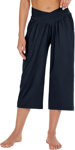 Vista 2 de Pantalones capri para mujer, para yoga, descanso, pierna ancha, holgados, cruzados, cintura alta, pantalones capri de verano