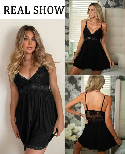Vista 5 de Avidlove Camisón de noche de encaje modal para mujer, ropa de dormir con cuello en V y lencería sexy