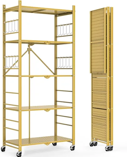 Vista 13 de Himix Estantes de almacenamiento con 6 ganchos, estante plegable de 3 niveles con ruedas, estantería de almacenamiento de metal, carrito rodante