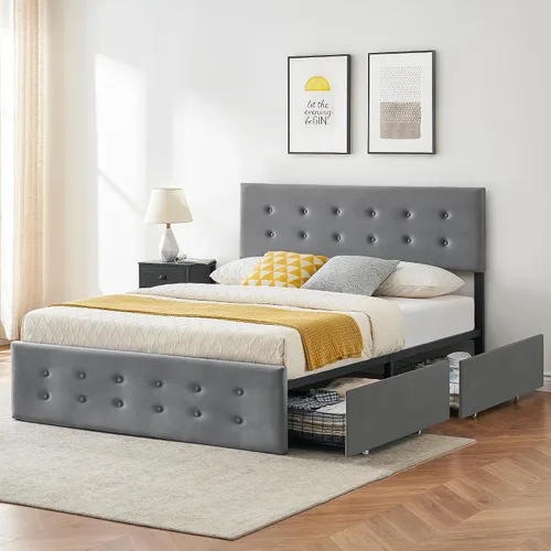 Vista 3 de Alkmaar Base de cama tapizada de terciopelo tamaño matrimonial con 4 cajones de almacenamiento y cabecero, base de colchón con botones cosidos