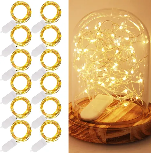 Vista 8 de WATERGLIDE Paquete de 12 luces de hadas que funcionan con pilas (incluidas), 20 miniluces LED de 7 pies, luces impermeables de alambre plateado