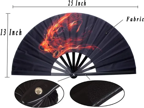 Vista 3 de Abanicos plegables decorativos, ventilador de mano chino, japonés, ventilador rave, ventilador de tela de nailon para mujeres/hombres (lobo de fuego)