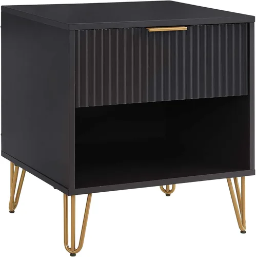 Vista 7 de Manhtattan Comfort Dumbo - Mesita de noche moderna 1.0 con 1 cajón y patas de metal, patas doradas abiertas, diseño acanalado vertical