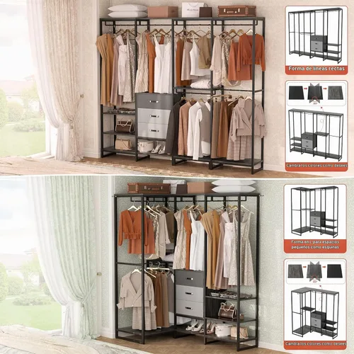 Vista 2 de Aheaplus Organizador de Closet de Madera para Colgar Ropa, Perchero de Ropa Resistente, Sistema de Closet en Esquina en Forma de L Grande con 3