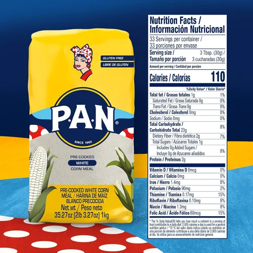Vista 2 de P.A.N. Harina de Maíz Blanco - Harina Precocida sin Gluten y Kosher para Arepas, 1 kg (35 oz / 2 lb 3.3 oz)