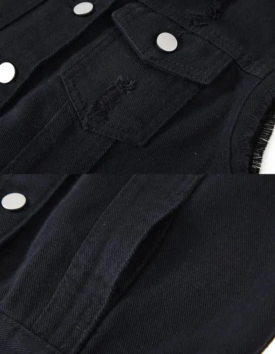 Vista 4 de Chaleco de mezclilla casual para mujer, sin mangas, rasgado, chaleco con bolsillos