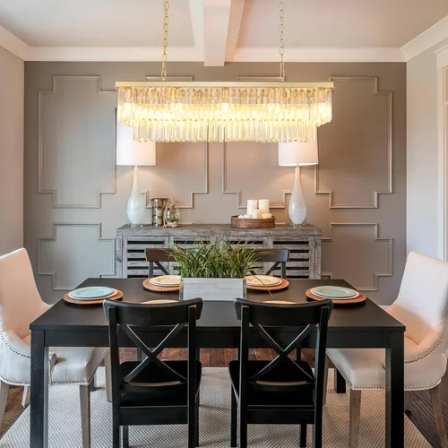 Vista 8 de Candelabro rectangular dorado de 40 pulgadas, 10 luces, iluminación colgante de cristal de lujo para comedor, isla de cocina y bar, altura
