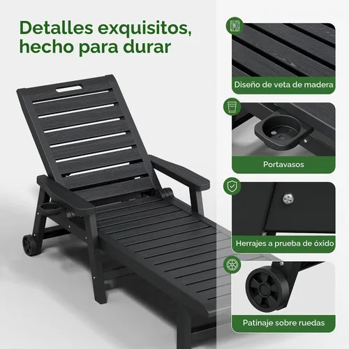 Vista 5 de HDPE - Juego de 2 sillas para exteriores con ruedas y portavasos Negro (ruedas)