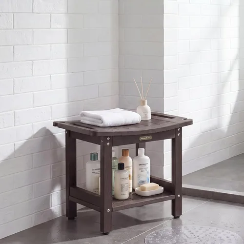 Vista 2 de HDPS - Banco de ducha impermeable para silla de ducha con estante de almacenamiento, color café