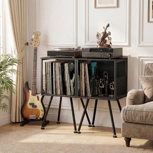 Vista 8 de Faesun Soporte para tocadiscos con almacenamiento para más de 100 discos de vinilo, soporte giratorio industrial con estante de almacenamiento