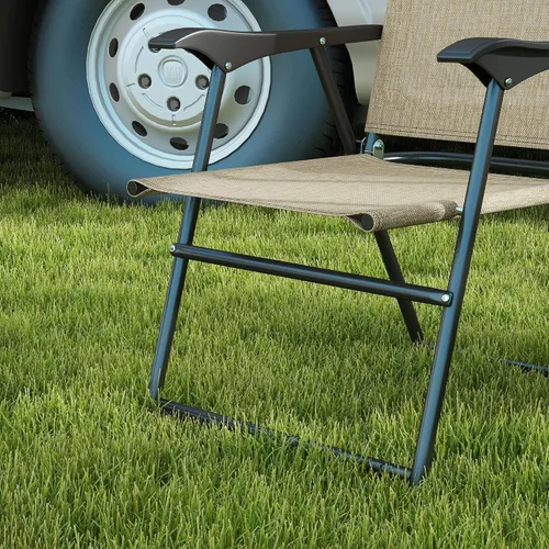 Vista 8 de Outsunny Sillas plegables para patio, juego de 4 sillas deportivas para adultos, sillas de camping con reposabrazos, asiento de tela de malla Beige