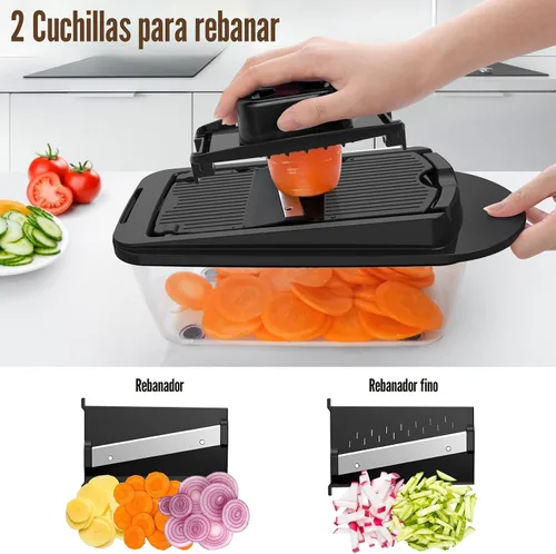 Vista 5 de Picador de verduras todo en uno de 8 cuchillas con contenedor, picador de alimentos, picador de cebolla, cortador de verduras para ensalada, Negro