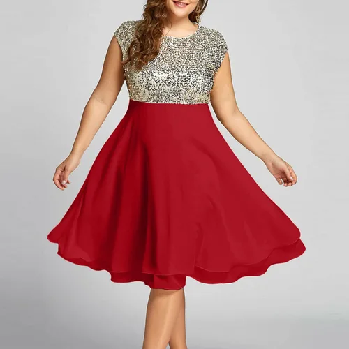 Vista 2 de New Years Eve Outfit Large Size Round Neck Solid Color Chiffon Sequin Sleeveless Zipper New Years Dress