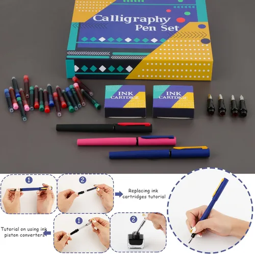 Vista 7 de Juego de bolígrafos de caligrafía Aifeiter, plumas estilográficas de caligrafía con 7 puntas reemplazables diferentes con 60 cartuchos de tinta