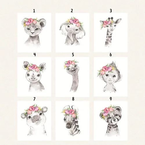 Vista 5 de Juego de arte de pared personalizado de safari para guardería, impresiones de animales de la selva con nombre personalizado, imágenes de decoración