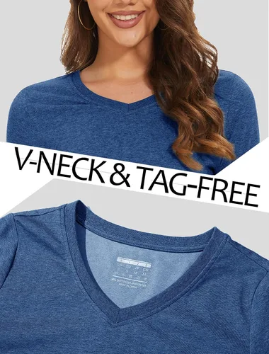 Vista 4 de MAGCOMSEN Camisetas básicas de algodón de manga larga con cuello en V para mujer, suaves, lisas, transpirables, casuales, para verano