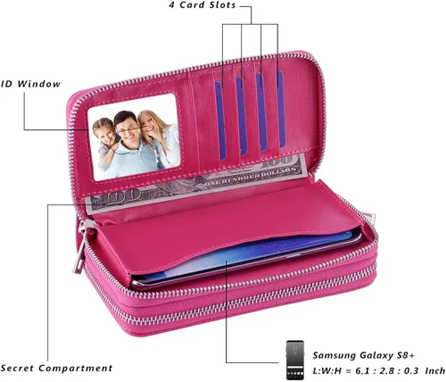Vista 3 de HAWEE - Cartera para teléfono celular, con dos cierres y correa larga extraíble para la muñeca, para mujer