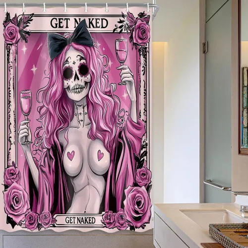 Vista 14 de Divertida cortina de ducha de esqueleto de calavera rosa, para Halloween, gótica, rosa, rojo, rosa, floral, vino tinto, terror, terror, cortina