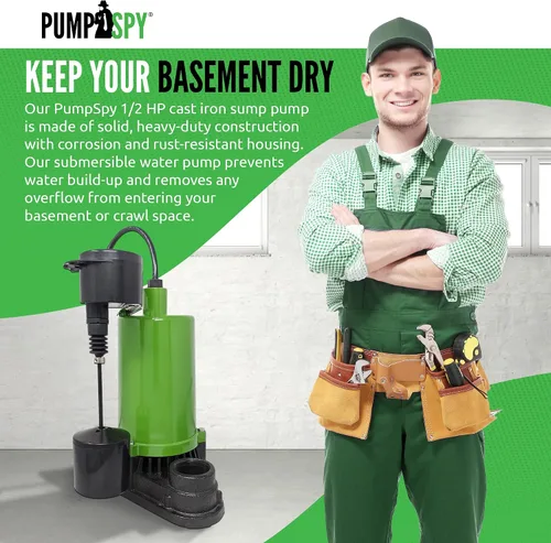 Vista 4 de PumpSpy Bomba de sumidero de 1/2 HP - Bomba sumergible, eliminación de agua para sótano, kit de bomba de sumidero de espacio de arrastre, hierro