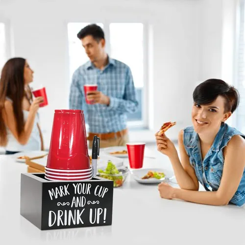 Vista 4 de Kitticcino Dispensador de tazas de madera para fiesta con organizador y portavasos para decoración moderna del hogar de granja, suministros