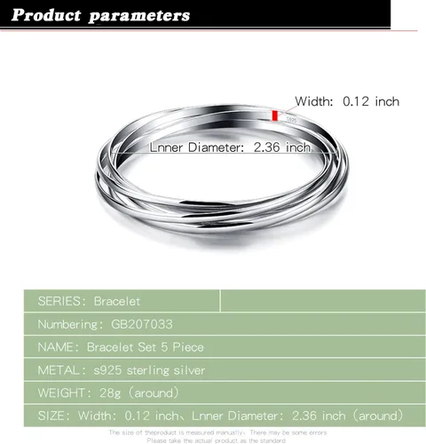 Vista 3 de Pulsera de plata de ley 925 para mujer, cinco pulseras apilables de combinación suave de diámetro 60-2.559 -2.677 in de plata maciza en brazalete