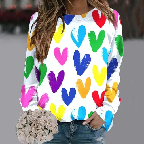 Vista 3 de Sudaderas de manga larga con cuello redondo y estampado de amor para el día de San Valentín, con abertura frontal, sencillas y cómodas para mujer