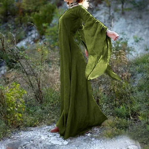 Vista 2 de Ymosrh Disfraces de Halloween para mujer, vestido renacentista, medieval, manga trompeta, vestido largo, vestido largo, vestido largo, disfraces