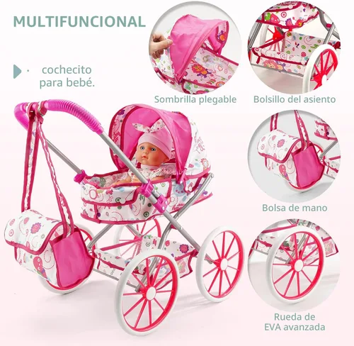 Vista 2 de Juego de Juguetes de Cochecito para Muñeca de Bebé con Muñeca de Bebé de 13'', Cama de Muñeca, Silla de Comedor, 26 Piezas de Accesorios para Muñeca