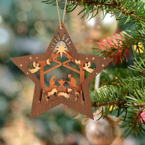 Vista 2 de Creawoo Adornos de belén, adorno colgante de madera de Navidad en forma de estrella, recuerdo de belén para árbol de Navidad, decoración