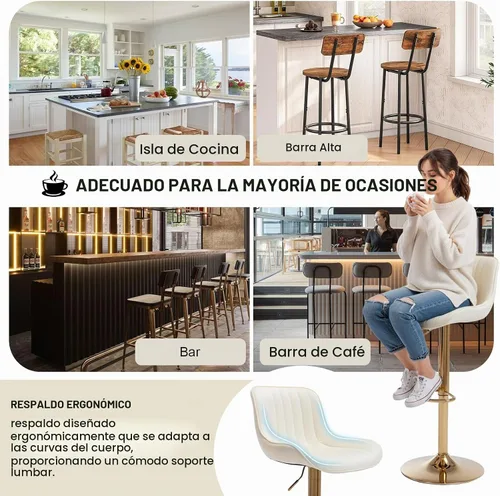 Vista 6 de Juego de 2 taburetes de bar giratorios de terciopelo con respaldo y reposapiés, sillas de bar doradas modernas ajustables para isla de cocina, bar