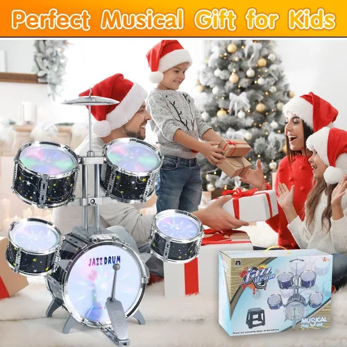 Vista 6 de Juego de batería para niños pequeños de 1 a 3 años, batería de jazz mejorada para niños, juguetes de instrumentos musicales y luces y todo plástico