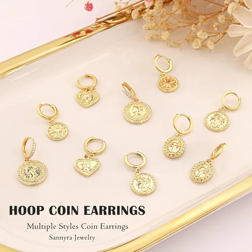 Vista 5 de Aretes de moneda de oro para mujer, chapados en oro de 14 quilates, aretes de aro delicados con moneda de dije mal de ojo