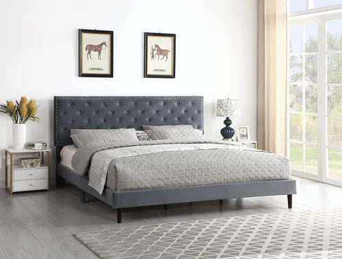 Vista 7 de Base de cama de plataforma tapizada completa con cabecero ajustable de 48 pulgadas de alto, cama de terciopelo de gamuza copetuda con botones
