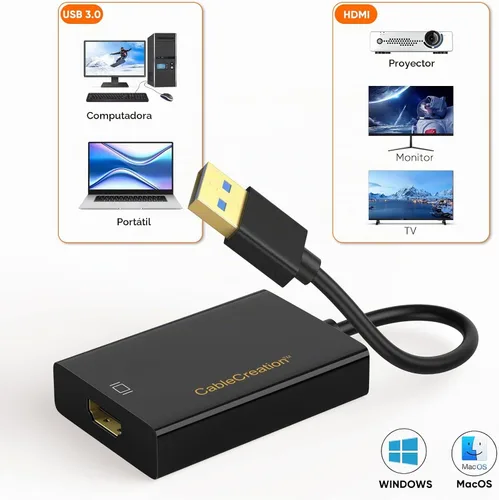 Vista 3 de CableCreation Adaptador USB 3.0 a HDMI con DisplayLink, adaptador de Negro