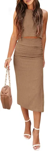 Vista 18 de PRETTYGARDEN Conjunto de 2 piezas de verano para mujer, cuello redondo, sin mangas, con abertura, falda midi