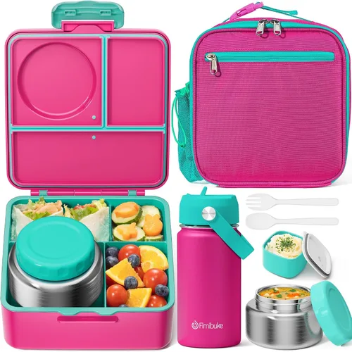 Vista 11 de Fimibuke Caja Bento para niños y adultos – Juego de lonchera Bento de 3 a 4 compartimentos a prueba de fugas con tarro de comida aislado, botella