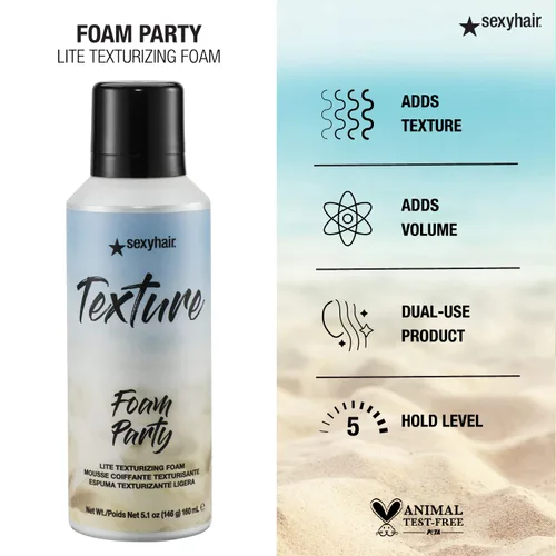 Vista 4 de SexyHair Texture Foam Party Lite - Espuma texturizante, 5.1 onzas Sujeción construible Añade brillo Todo tipo de cabello