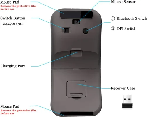 Vista 3 de Mouse de arco inalámbrico para laptop, mouse de computadora recargable por USB, plegable giratorio ultra delgado, 3 DPI para viajes de escritorio